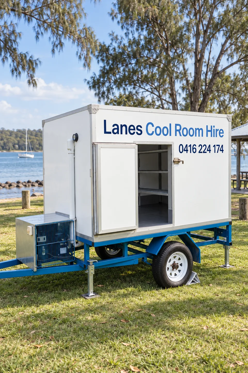 Illustration of a Lanes coolroom trailer in a Ballina-area event setting
