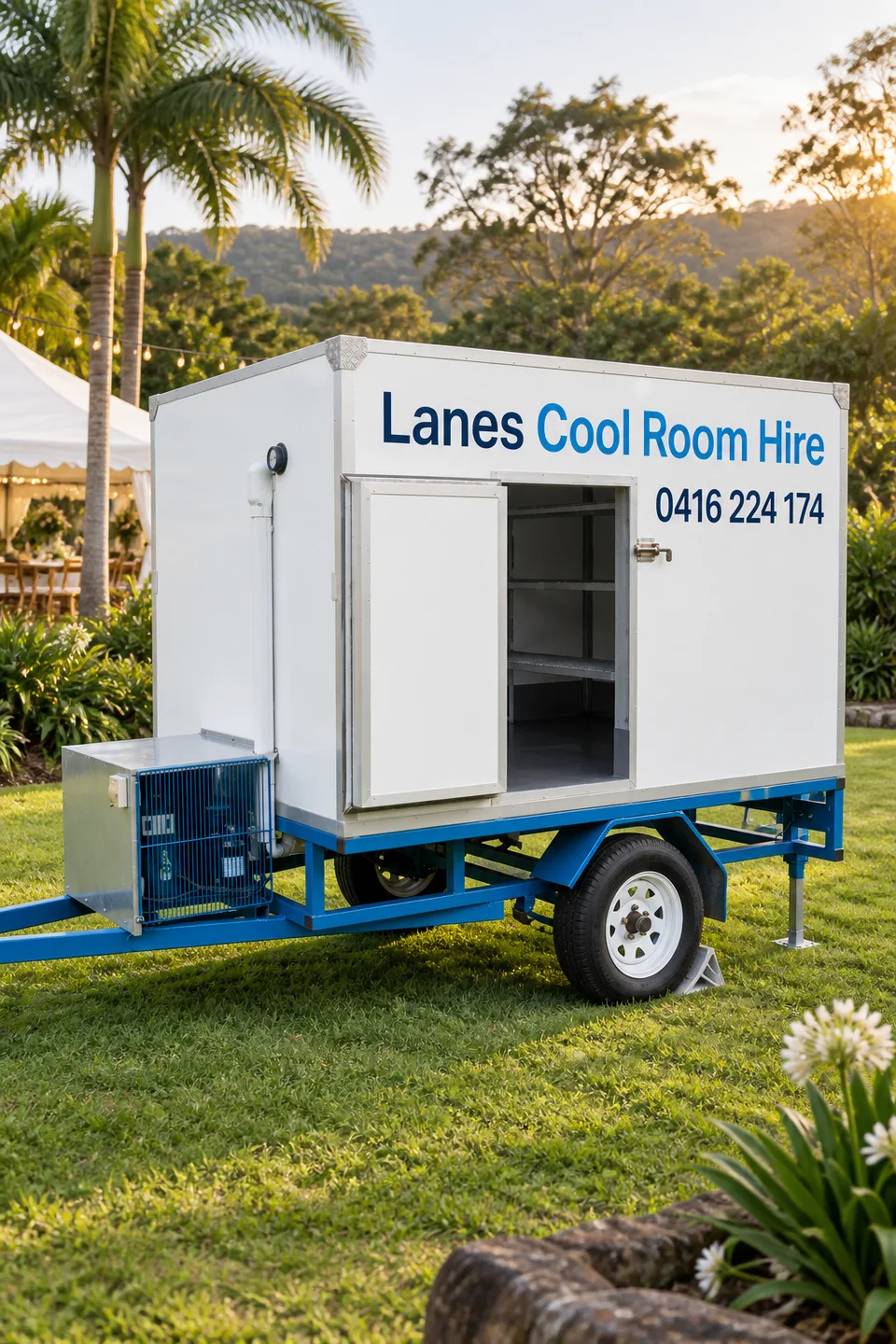 Illustration of a Lanes coolroom trailer in a Byron Bay-area event setting