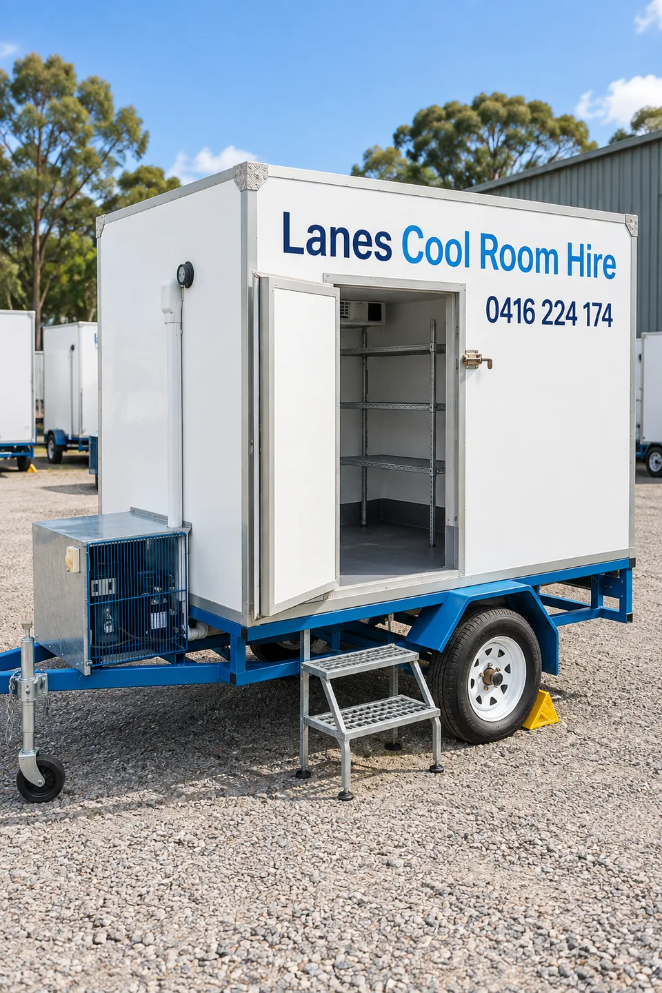 Illustration of an open Lanes coolroom trailer showing its walk-in storage