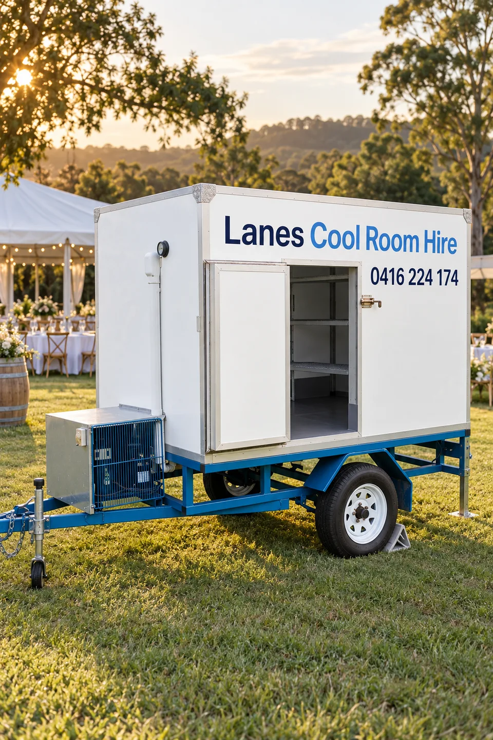 Illustration of a Lanes coolroom trailer at a country wedding setup