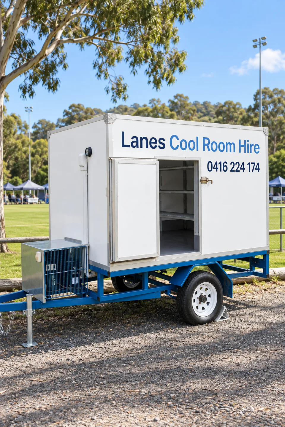 Illustration of a Lanes coolroom trailer in a Lismore-area event setting