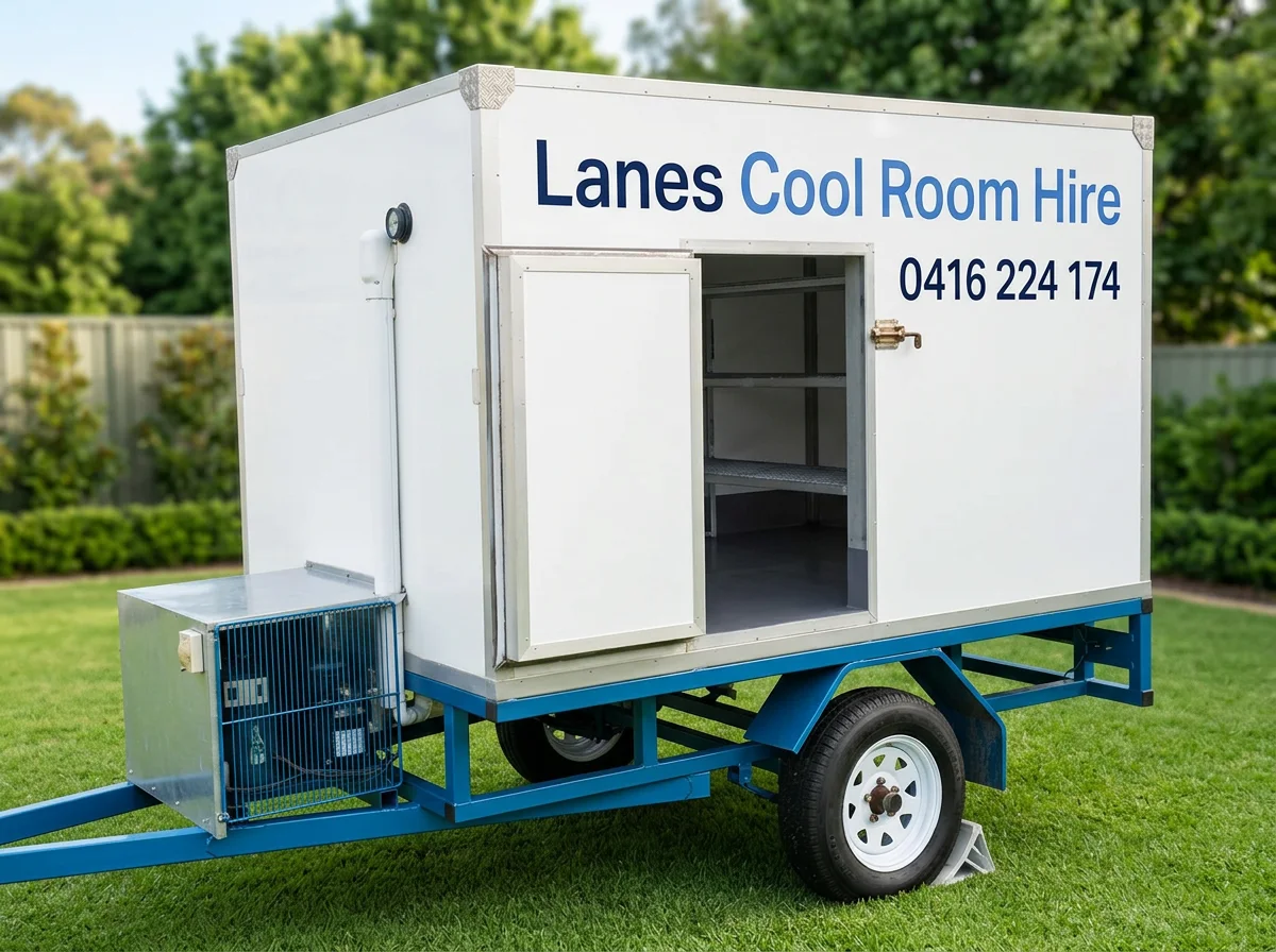 Medium Lanes coolroom trailer with side door open showing internal shelving