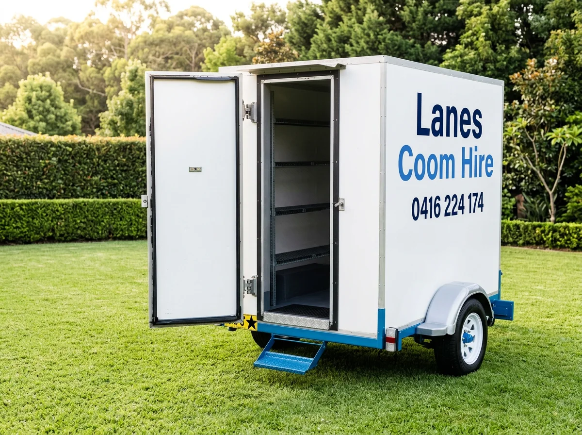 Small single-axle Lanes coolroom trailer with rear door open