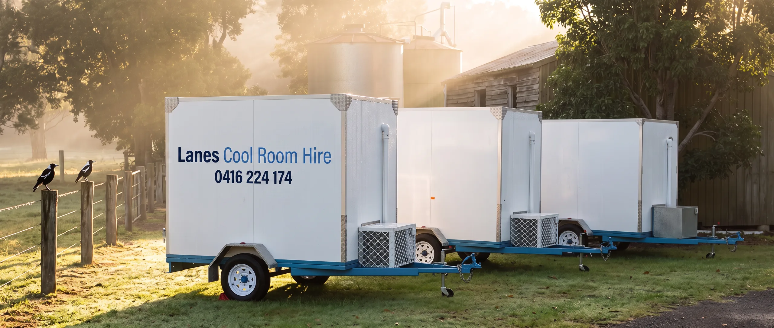 Lanes coolroom trailers at the Lindendale depot in golden morning light